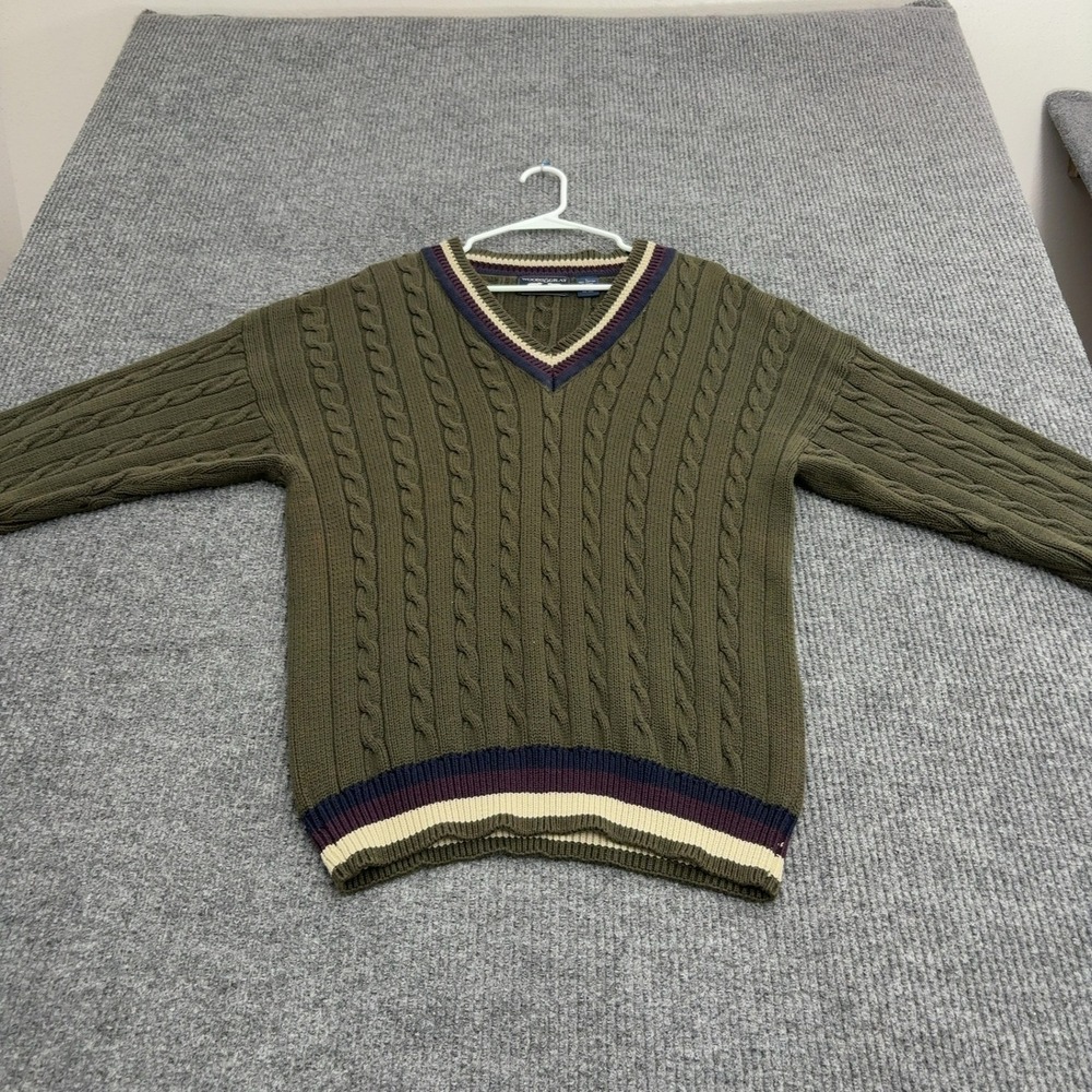 Vintage Woods & Gray Sweater Mens L Green Cotton Cable Knit V Neck Preppy Style